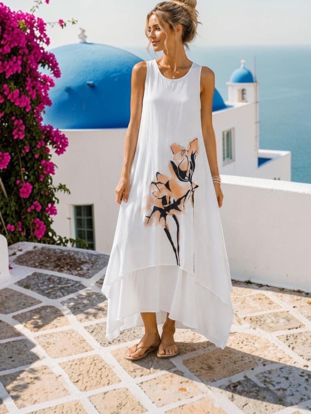 Floryday White Cotton Sleeveless Maxi Dress Floral Layered Hem Boho Large